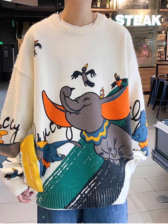 Cream Cartoon Elephant Oversized Sweater with Orange Accents - Picture 5 of 7